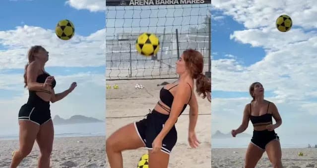 Paolla Oliveira se arrisca no futevôlei: “Chama no ombrinho”
